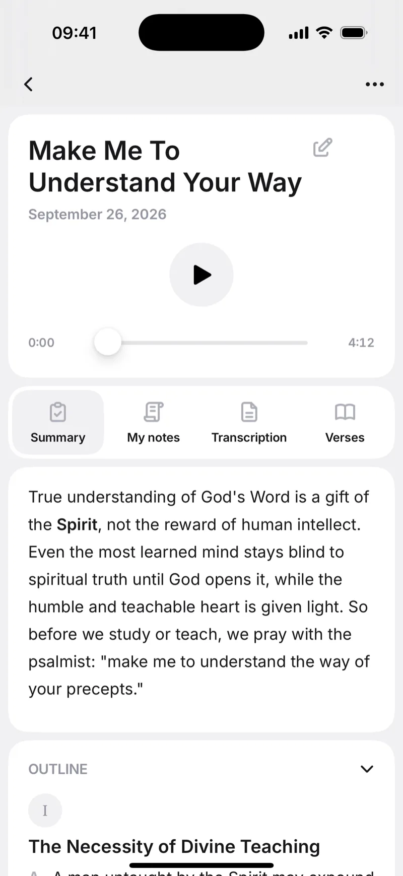 Sermon Keeper's summary of a recorded sermon, showing the main idea and the start of the outline