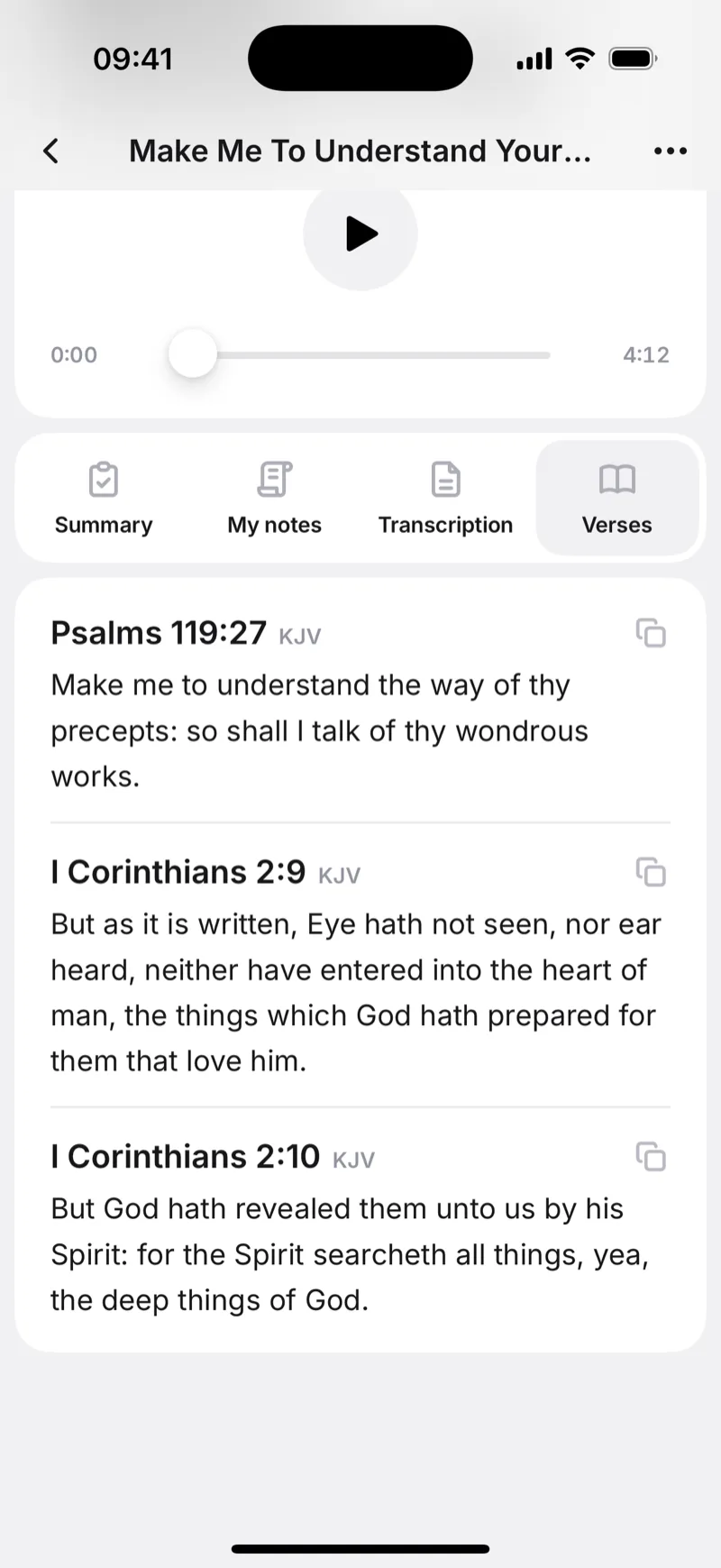 Sermon Keeper's list of verses from a recorded sermon, each with its translation label