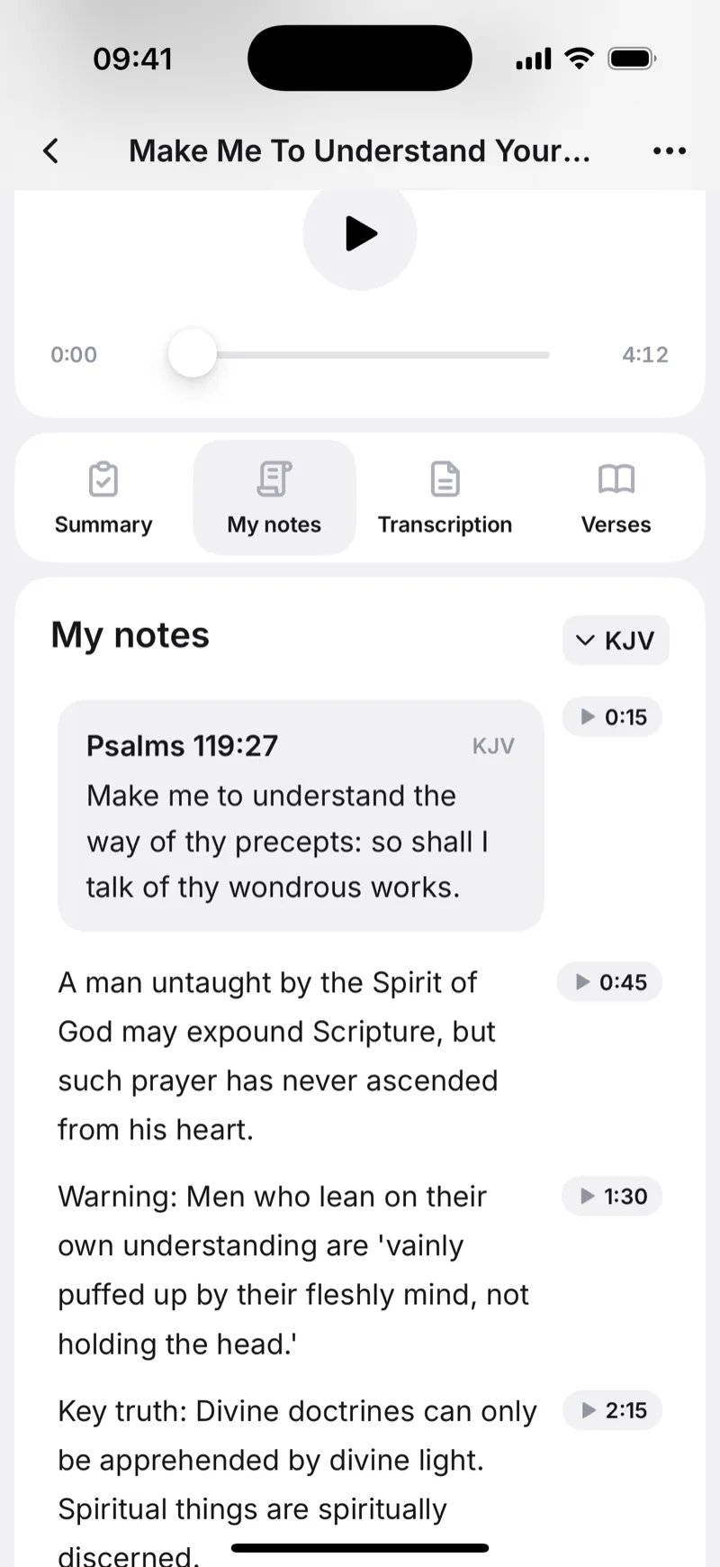 Timestamped sermon notes in Sermon Keeper with a Bible verse card