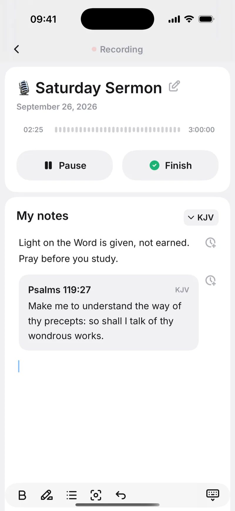 Sermon Keeper recording a sermon while notes are typed on the timeline