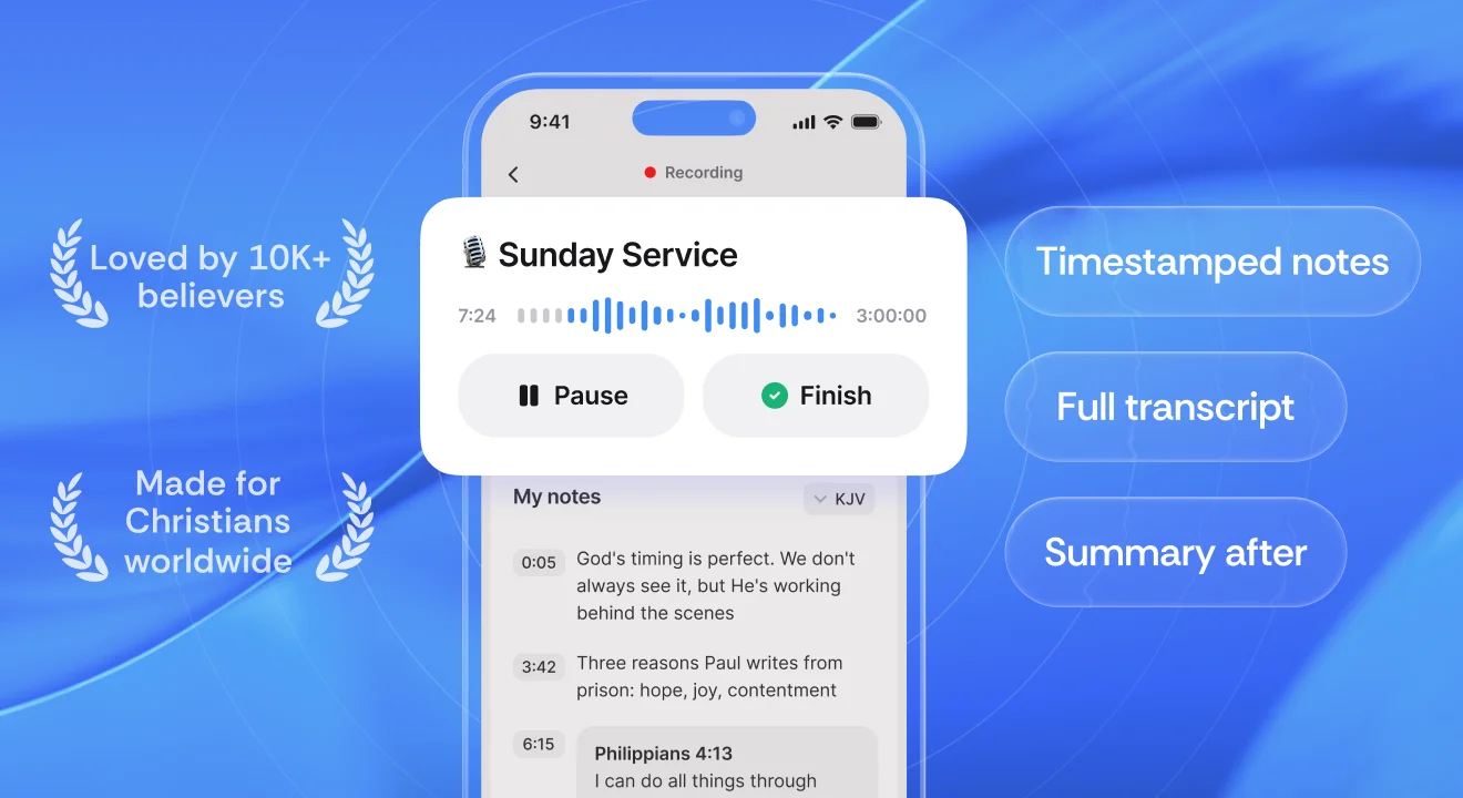 Sermon Keeper recording a Sunday service — timestamped notes, a full transcript, and a summary after