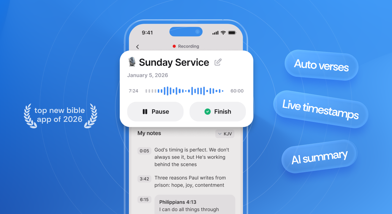 Sermon Keeper recording a Sunday service — auto Bible verses, live timestamps, and AI summary