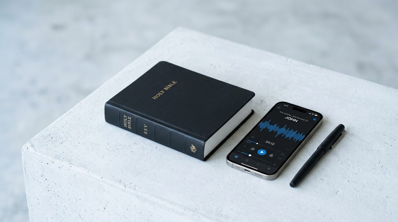 Bible and iPhone showing audio recording on a concrete surface, testing sermon notes apps