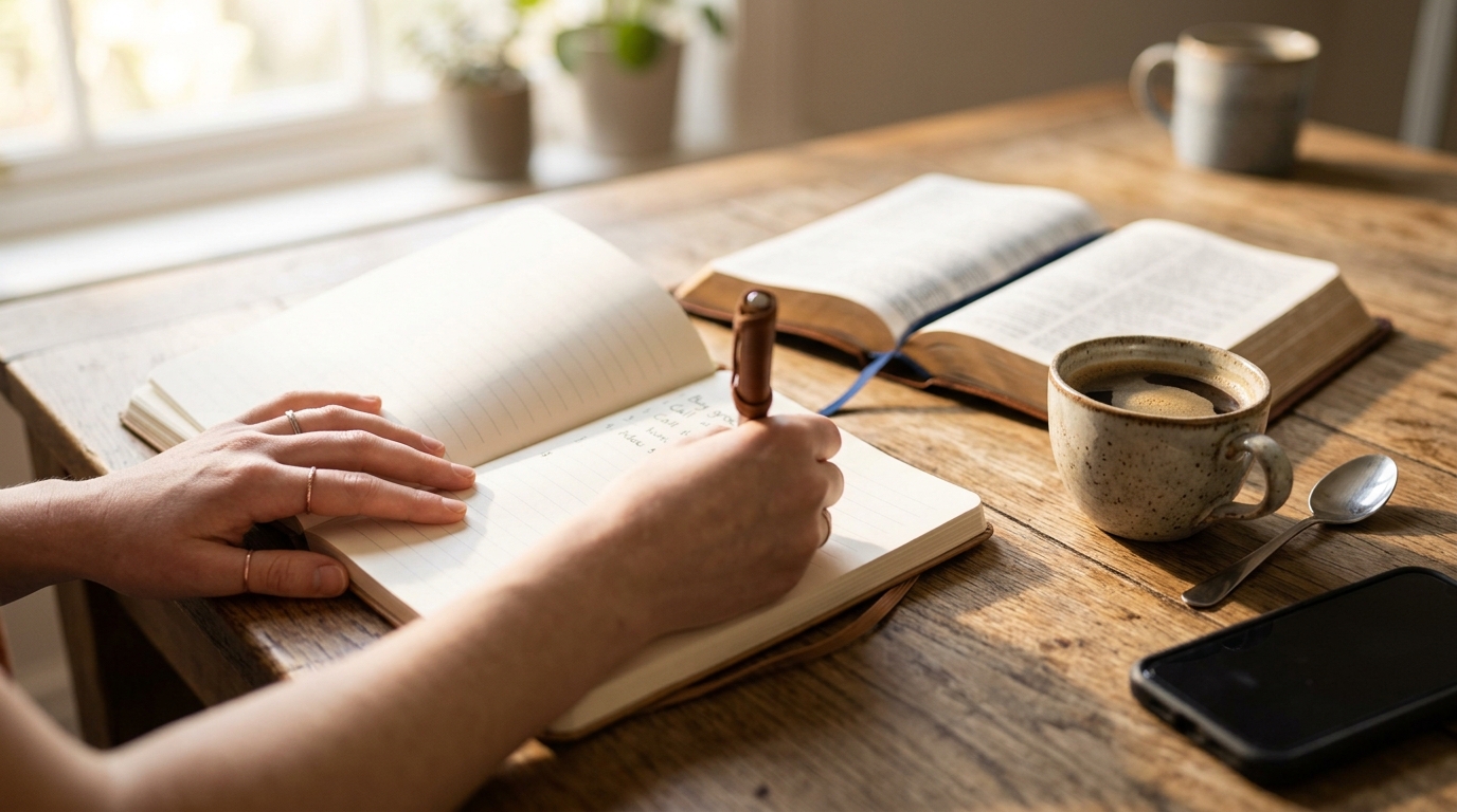 A person writing a short list of next steps in a journal beside an open Bible and a cup of coffee